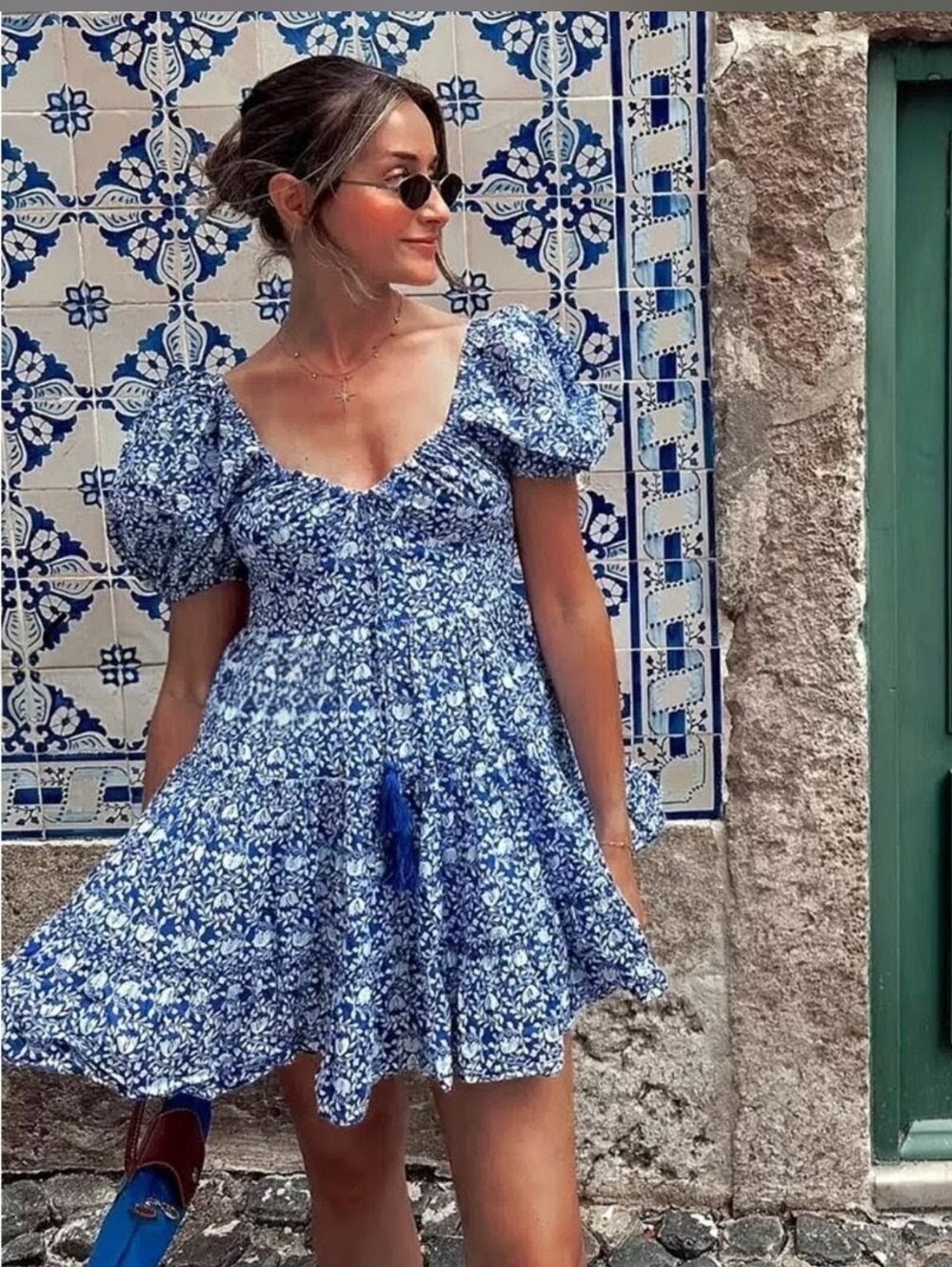 Zara Blue Floral Puff-Sleeve Mini Dress